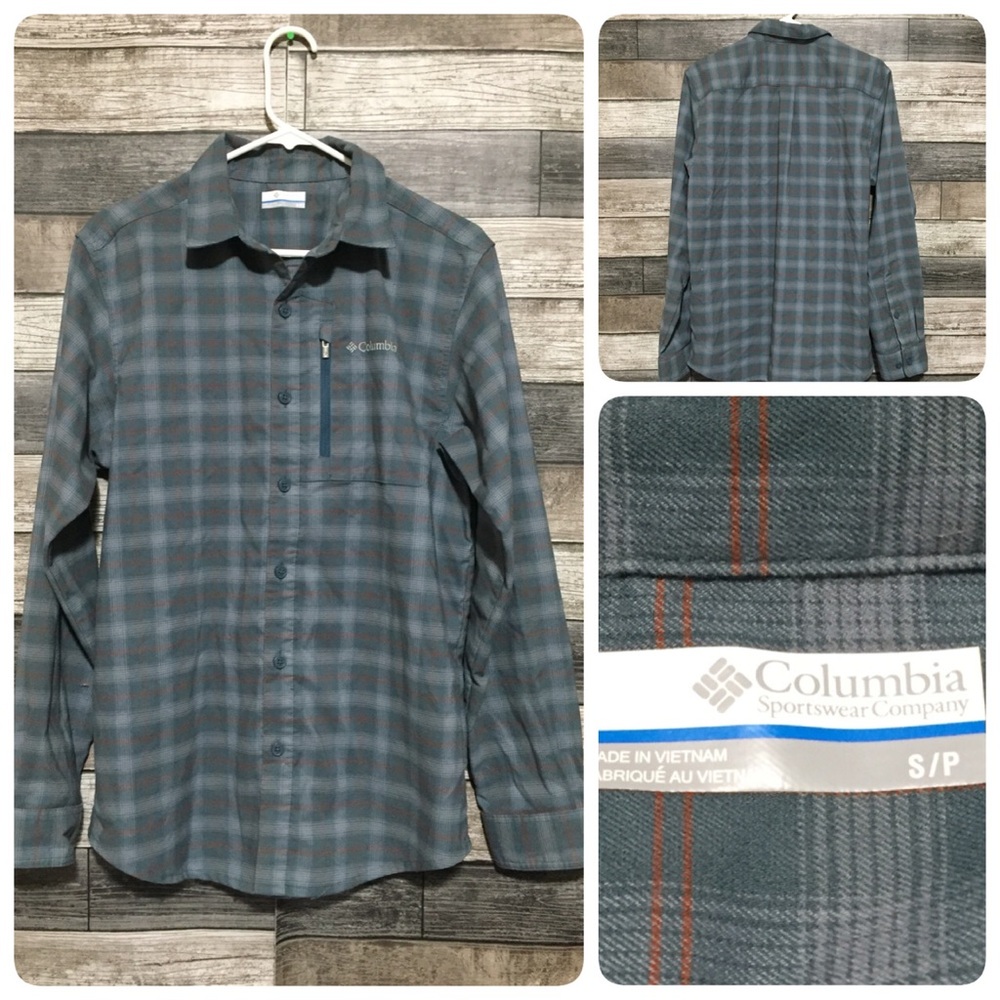 Columbia Flannel Shirt Men’s S Gray Blue Plaid Zip Pocket Button Up Casual